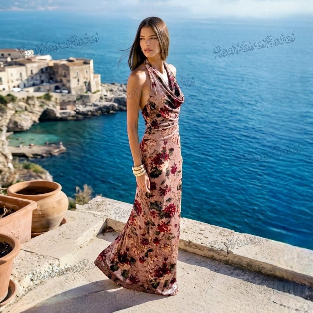NWT Elegant Blush Floral Velvet Draped Neck Bodycon Day Maxi Dress Sz M